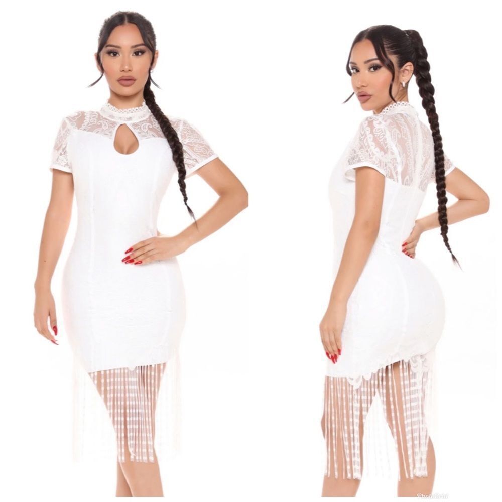 FASHION NOVA White Lace Bandage Fringe Bodycon Dress